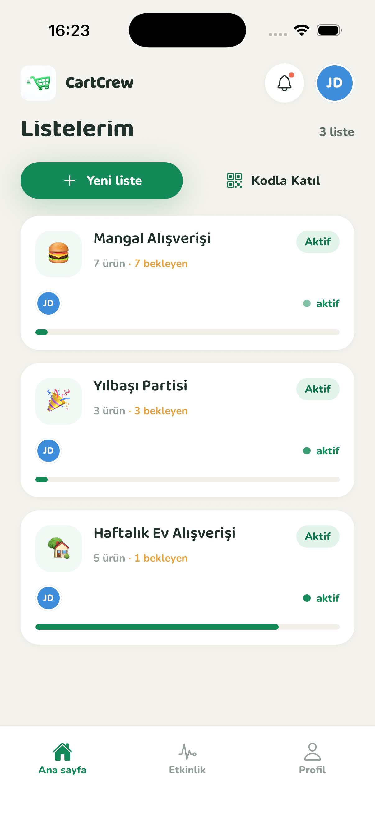CartCrew lists screen